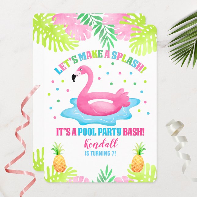 Flamingo Pool Party Tropical Birthday Invitation (Flamingo Pool Party Birthday Invitation)
