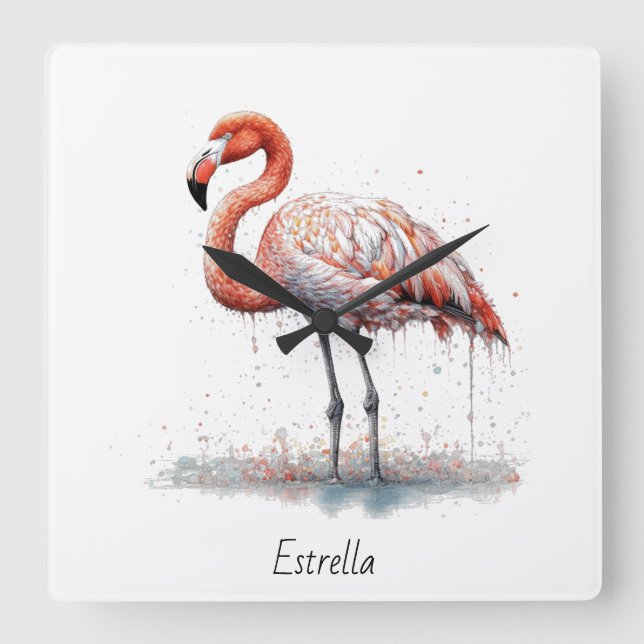  Flamingo Radiance: Watercolor Art, custom Square Wall Clock (Front)