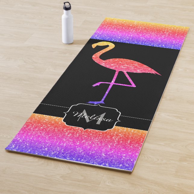 Flamingo Rainbow glitter sparkle custom Monogram Yoga Mat (In Situ)