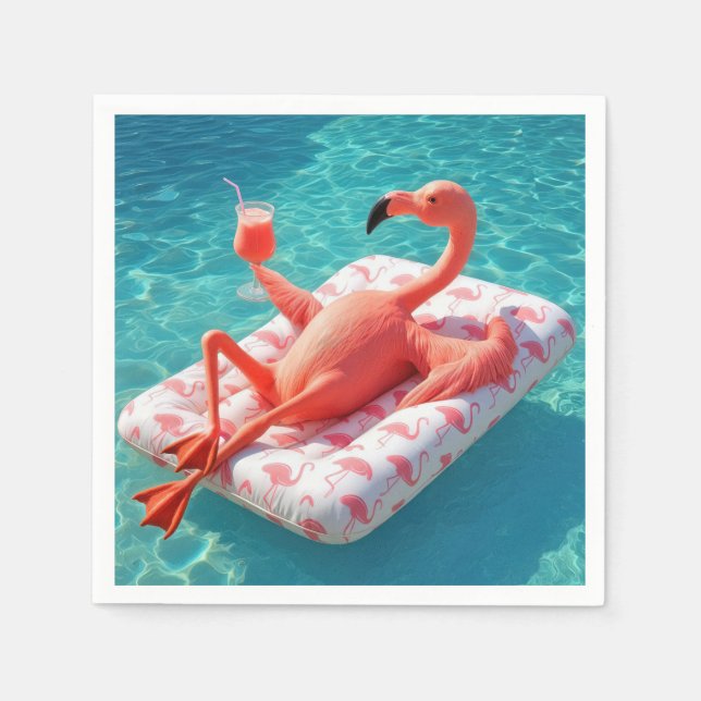 Flamingo Relaxing On a Pool Mattress Napkin (Front)