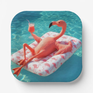 Flamingo Relaxing On a Pool Mattress Paper Plate