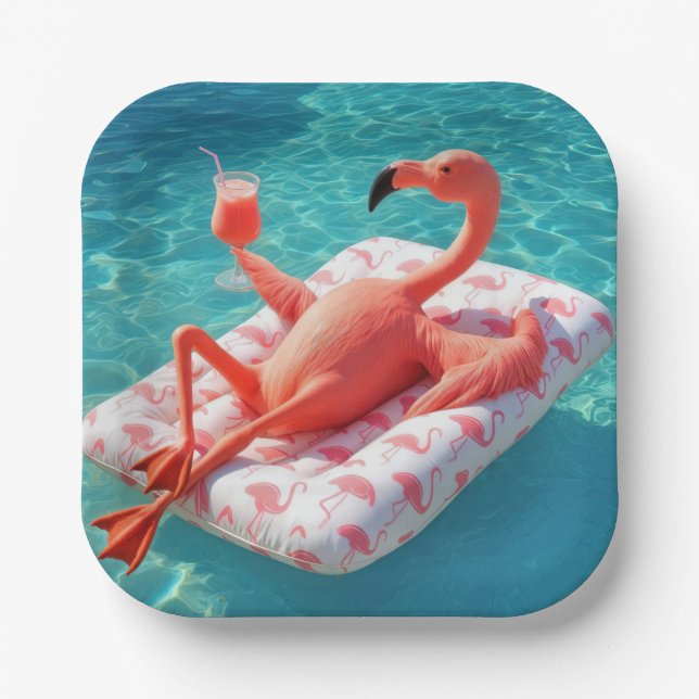 Flamingo Relaxing On a Pool Mattress Paper Plate (Front)