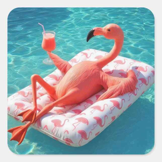 Flamingo Relaxing On a Pool Mattress Square Sticker (Front)