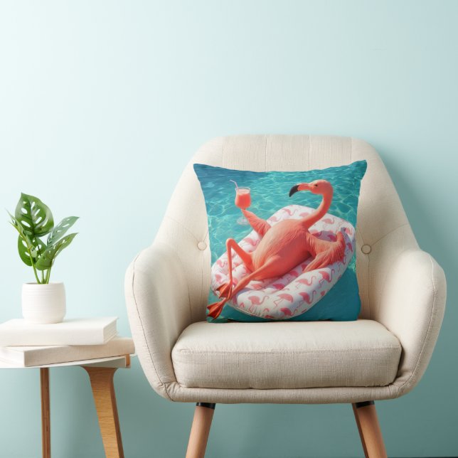 Flamingo Relaxing On a Pool Mattress Throw Pillow (Chair)