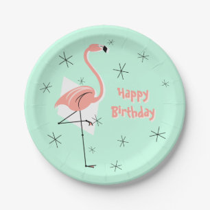 Flamingo Retro Green Happy Birthday paper plate
