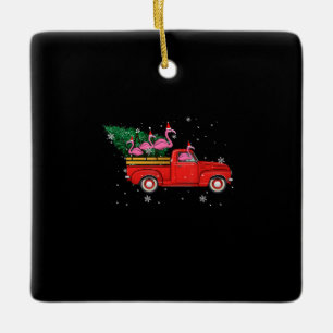 Flamingo Riding Red Truck Xmas Santa Hat Christmas Ceramic Ornament