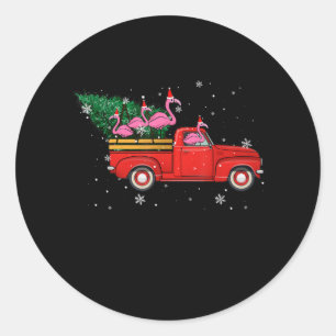 Flamingo Riding Red Truck Xmas Santa Hat Christmas Classic Round Sticker
