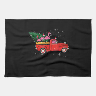 Flamingo Riding Red Truck Xmas Santa Hat Christmas Kitchen Towel