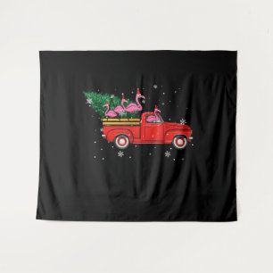 Flamingo Riding Red Truck Xmas Santa Hat Christmas Tapestry