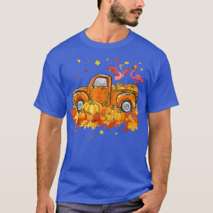 Flamingo Riding Truck Pumpkin Autumn Leaves Fall  T-Shirt