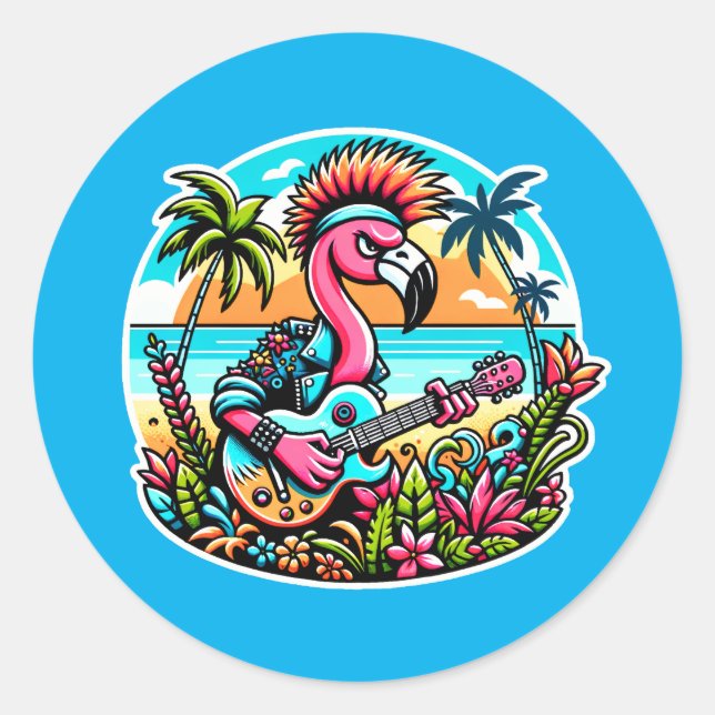 Flamingo Rockstar in Paradise Punk Tropical Vibes Classic Round Sticker (Front)
