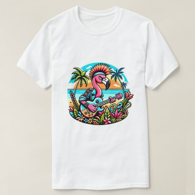 Flamingo Rockstar in Paradise Punk Tropical Vibes T-Shirt (Design Front)
