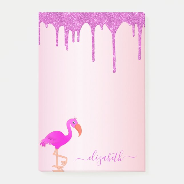 Flamingo rose gold purple glitter drips monogram post-it notes (Front)