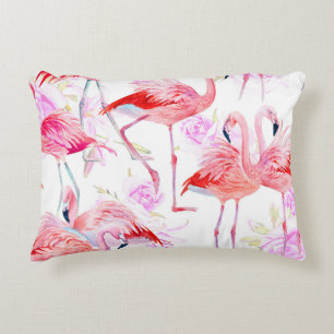 Flamingo Rose: Watercolor Bird Floral Accent Pillow