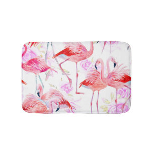 Flamingo Rose: Watercolor Bird Floral Bath Mat