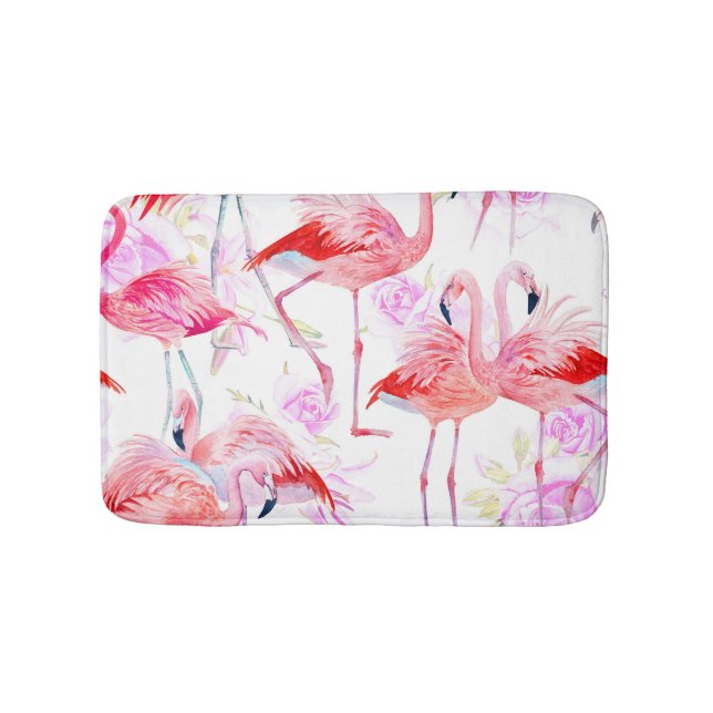 Flamingo Rose: Watercolor Bird Floral Bath Mat (Front)