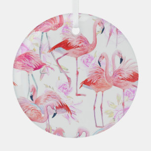 Flamingo Rose: Watercolor Bird Floral Glass Ornament