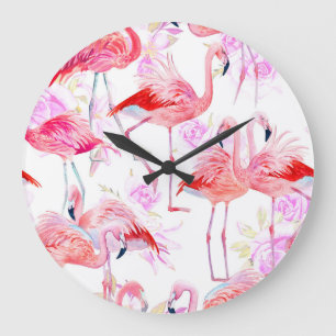 Flamingo Rose: Watercolor Bird Floral Large Clock