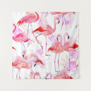 Flamingo Rose: Watercolor Bird Floral Tapestry