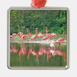 Flamingo Row at Lake in Spring,Birds Pink Wildlife Metal Ornament