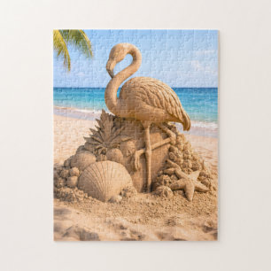 Flamingo Sand Sculpture on Tropical Beach Jigsaw Puzzle