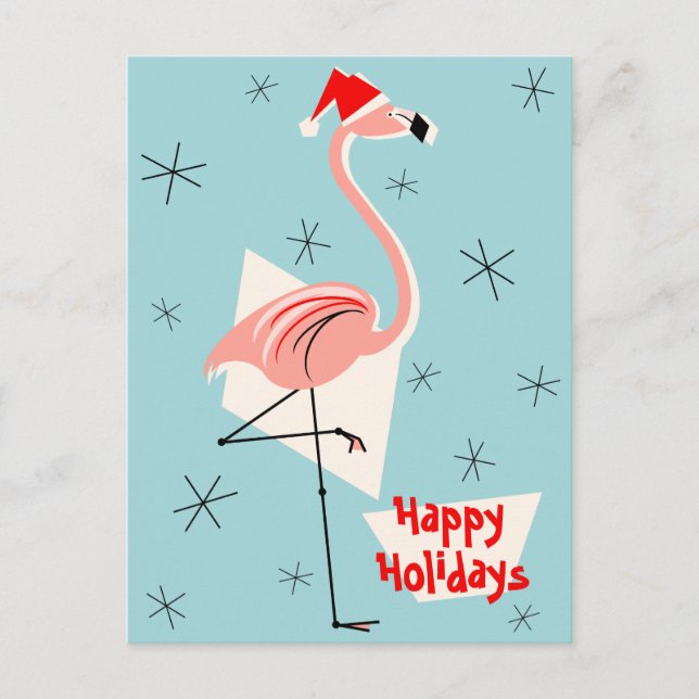 Flamingo Santa Blue Happy Holidays portrait Holiday Postcard (Front)