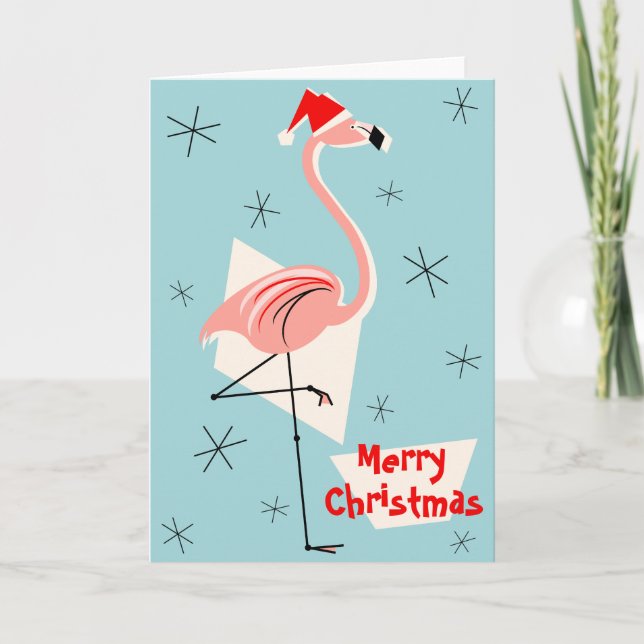 Flamingo Santa Blue Merry Christmas Holiday Card (Front)