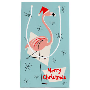 Flamingo Santa Blue Merry Christmas small Gift Bag