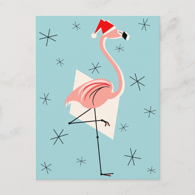 Flamingo Santa Blue portrait Holiday Postcard (Front)