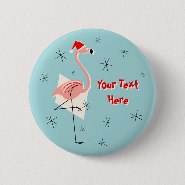 Flamingo Santa Blue Text button round (Front)