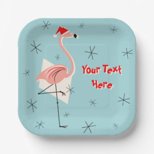 Flamingo Santa Blue Text square paper plate