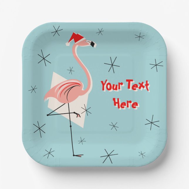 Flamingo Santa Blue Text square paper plate (Front)