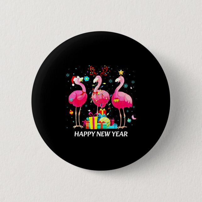 Flamingo Santa Hat Happy New Year Light Long Sleev 2 Inch Round Button (Front)