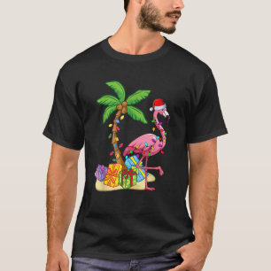Flamingo Santa Hat Palm Tree Merry Christmas Light T-Shirt