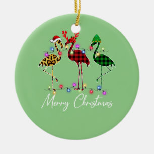 Flamingo Santa Hat Reindeer Buffalo Plaid Flamingo Ceramic Ornament
