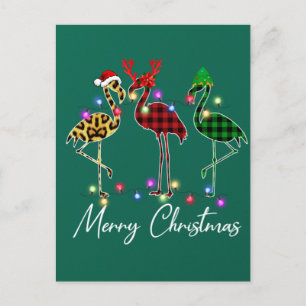 Flamingo Santa Hat Reindeer Buffalo Plaid Flamingo Postcard