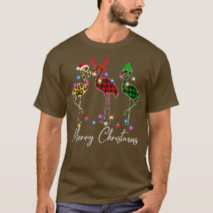 Flamingo Santa Hat Reindeer Buffalo Plaid Flamingo T-Shirt