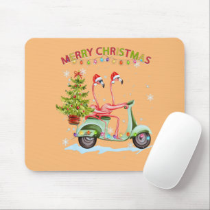 Flamingo Santa Hat Xmas Light Motobike Christmas Mouse Pad