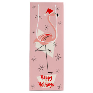 Flamingo Santa Pink Happy Holidays wine Gift Bag