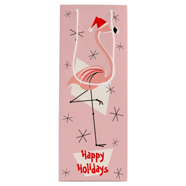 Flamingo Santa Pink Happy Holidays wine Wine Gift Bag (Front)