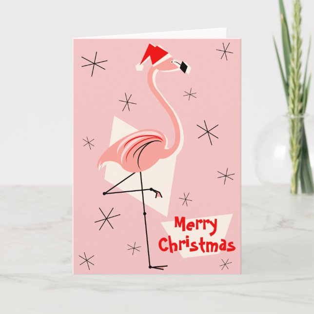 Flamingo Santa Pink Merry Christmas Holiday Card (Front)
