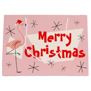 Flamingo Santa Pink Merry Christmas large gift bag