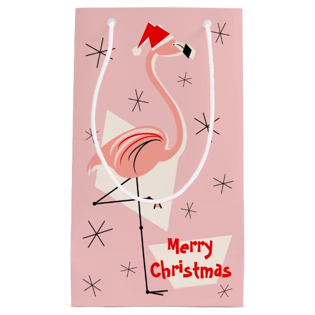 Flamingo Santa Pink Merry Christmas small Small Gift Bag (Front)