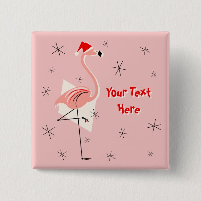 Flamingo Santa Pink Text button square (Front)