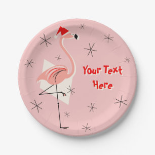 Flamingo Santa Pink Text paper plate