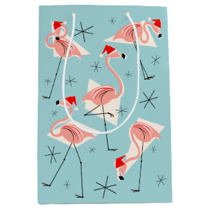 Flamingo Santas Blue gift bag medium