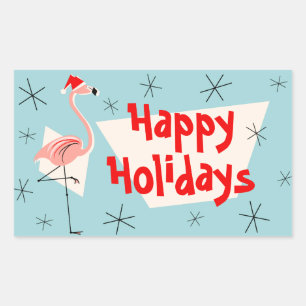 Flamingo Santas Blue Happy Holidays rectangle Sticker