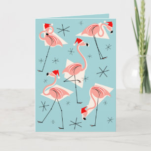 Flamingo Santas Blue Merry Christmas blue Holiday Card