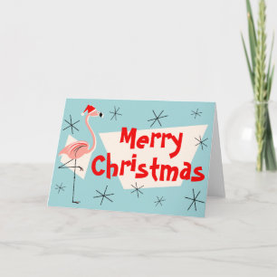 Flamingo Santas Blue Merry Christmas front Holiday Card