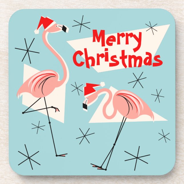 Flamingo Santas Blue Merry Christmas plastic Coaster (Front)